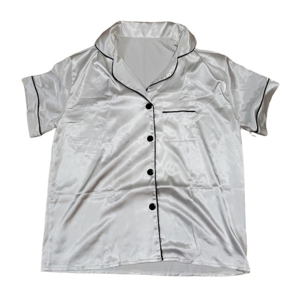 Vintage Elegant White Satin Pajama Top with Black Trim medium - Picture 1 of 11